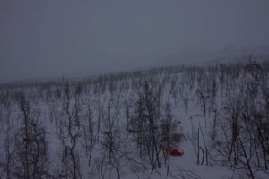 Winter camping with our dog teams in the lower parts of Rapavalley, Sarek.