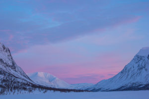Sunset in the mountains of Swedish Lapland on the tour: Sled dog adventure through Sjaunja and Kebnekaise