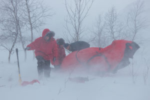 Tältuppsättning i storm en vinter på turen Explore Sarek Nationalpark.