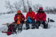 Happy guests a windy day on the dog sled expedition Explore Sarek National Park.