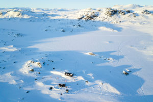 Airphoto over the mountain hut in Hukejaure on a husky trip.