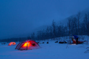 Dog sleds, huskies and tents at the tour A Taste of Sarek National Park.