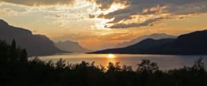 View from Saltoluokta over lake Langas in sunset. Summer. Lapland info.