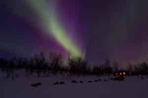 Powerful purple and green lights over the cabin in Sitojaure. On a dog sled tour with Jokkmokkguiderna.